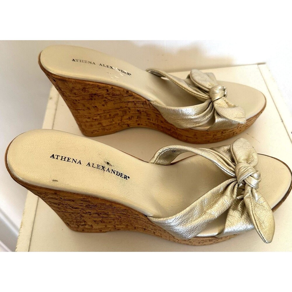 Athena Alexander Gold Cork Wedges Size 9 Shimmer Bow Holiday Metallic